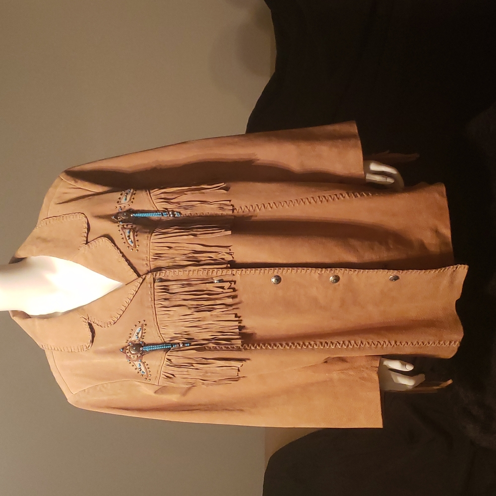 Via Accenti Tan Leather Jacket Southwest Fringe Turquoise Embroidered